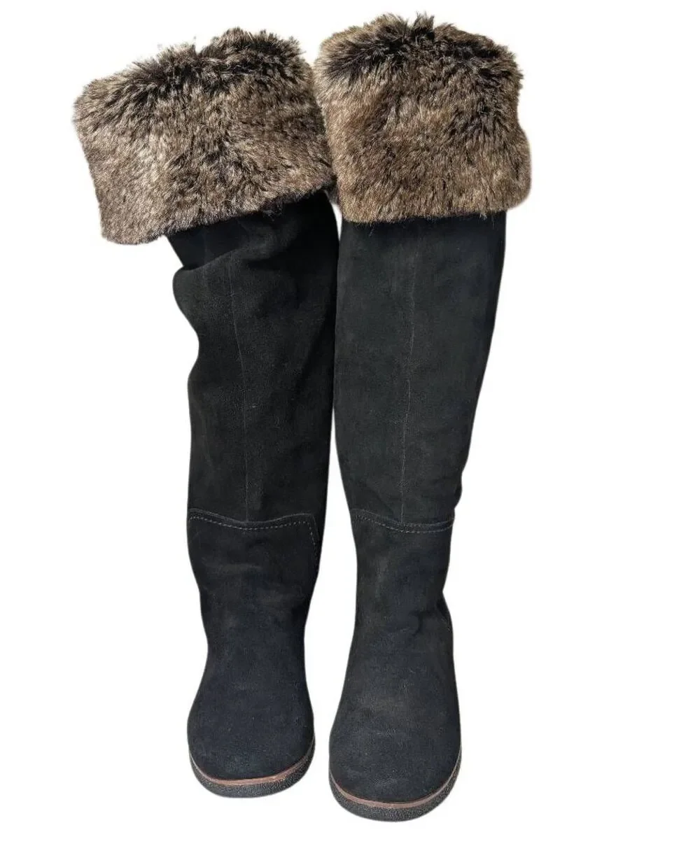 Sam Edelman Orlando Black suede leather over the knee faux fur cuffed boots 8.5